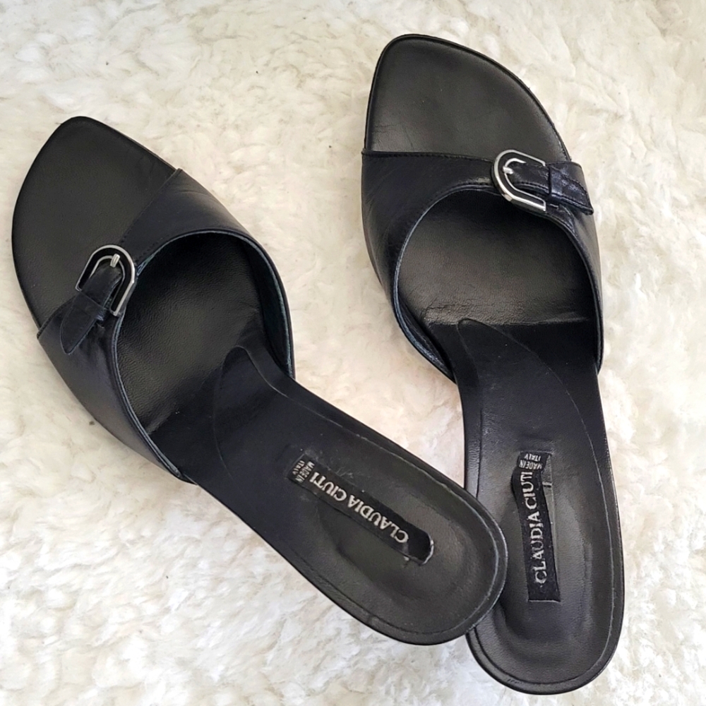 Black Slide Sandals with Decorative Buckle